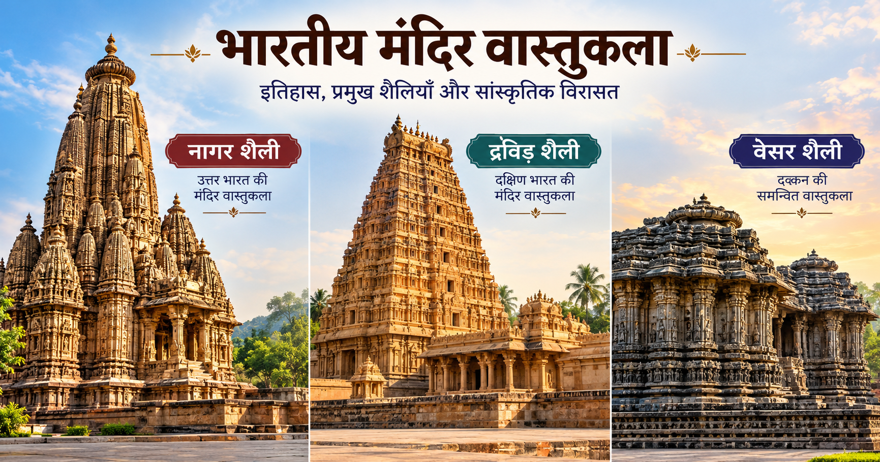 भारतीय मंदिर वास्तुकला की नागर, द्रविड़ और वेसर शैली के प्राचीन मंदिरों का चित्र